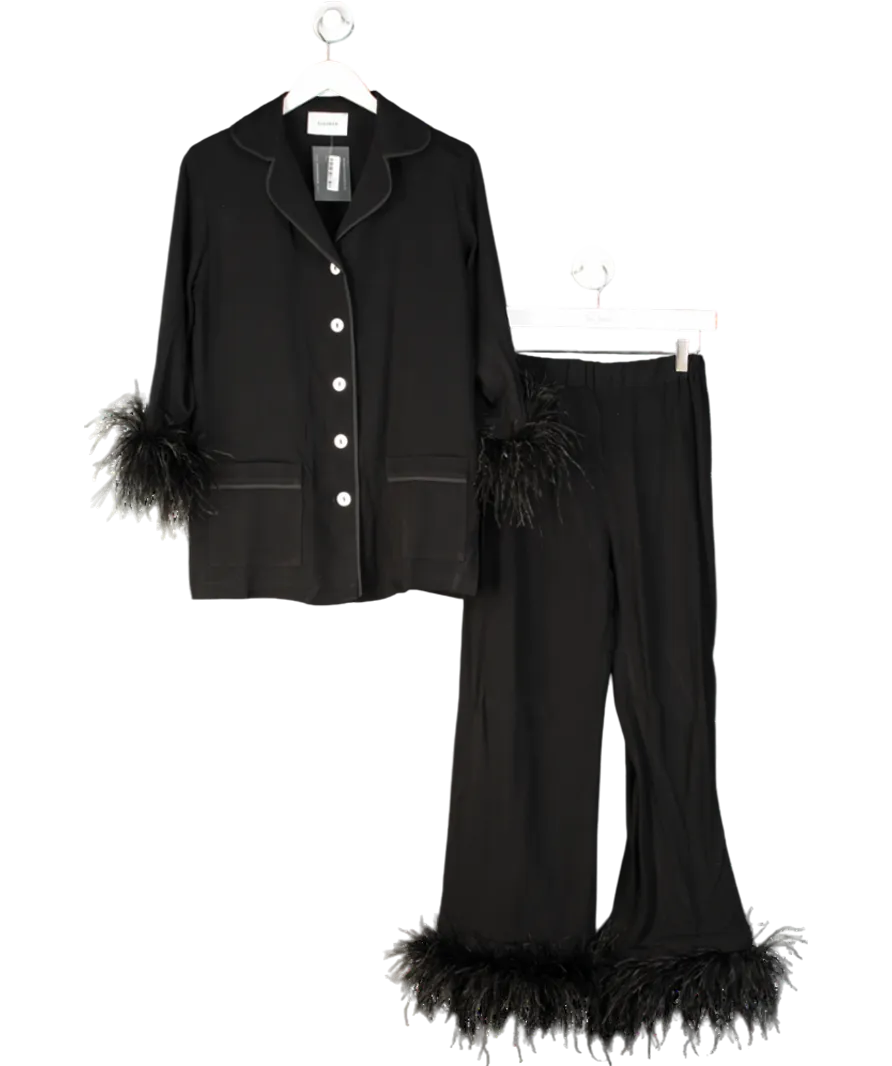 Sleeper Black Party Feather-trimmed Crepe De Chine Pyjama Set UK S