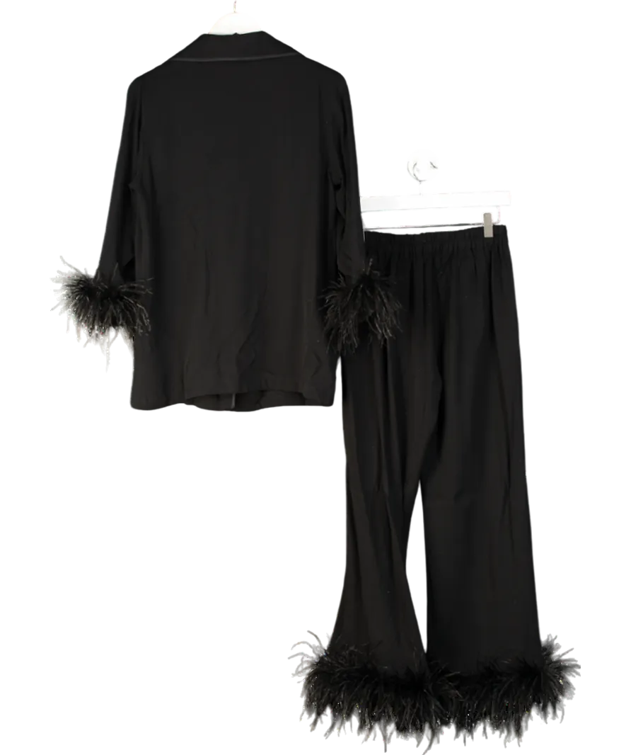 Sleeper Black Party Feather-trimmed Crepe De Chine Pyjama Set UK S